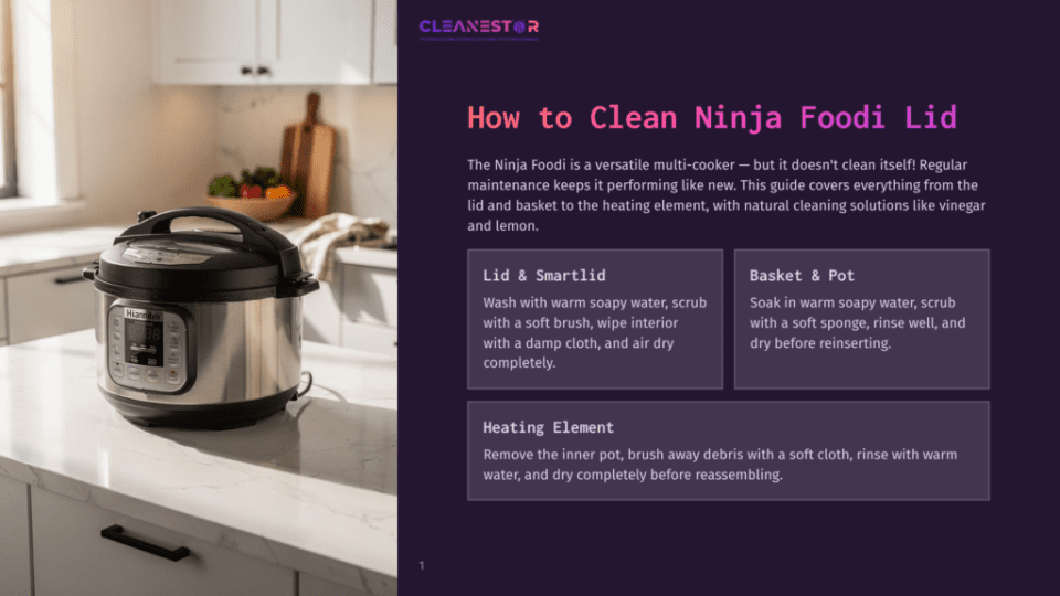 1 How To Clean Ninja Foodi Lid Ninja Foodi Multi-Cooker On A White Marble Countertop In A Bright, Modern Kitchen. The Lid Is Open, Revealing The Inner Pot And Heating Element. Text Overlay Reads &Quot;How To Clean Ninja Foodi Lid.