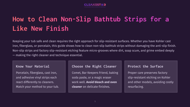 1 How To Clean Non Slip Bathtub Strips For A Like New Finish Title Graphic For &Quot;How To Clean Non-Slip Bathtub Strips For A Like New Finish&Quot; With The Cleanestor Logo And Three Informational Boxes: &Quot;Know Your Material,&Quot; &Quot;Choose The Right Cleaner,&Quot; And &Quot;Protect The Surface.