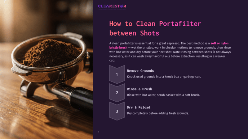 A Close-Up Of A Portafilter Filled With Dark Espresso Grounds, Resting On A Wooden Table. The Text &Quot;How To Clean Portafilter Between Shots&Quot; Is Visible On The Right.