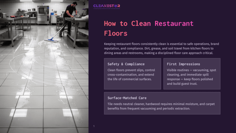 1 How To Clean Restaurant Floors A Restaurant Kitchen Floor Is Being Cleaned With A Mop, Showing A Person In The Background. The Floor Has A Pattern Of White Tiles And Wet Streaks From Cleaning.