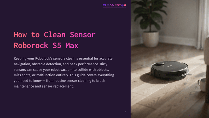 A Black Roborock S5 Max Robot Vacuum Cleaner Navigates A Light-Colored Wooden Floor, With A Large Potted Plant Visible In The Background. The Image Is Part Of A Guide On &Quot;How To Clean Sensor Roborock S5 Max.