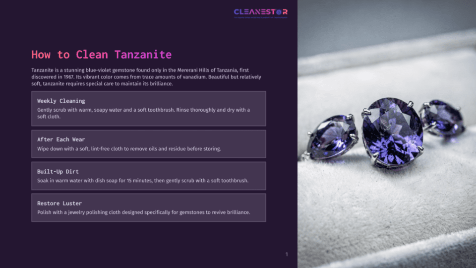 1 How To Clean Tanzanite Close-Up Of Three Stunning Blue-Violet Tanzanite Gemstones, Likely A Necklace Pendant And Earrings, Set In White Gold Or Platinum. The Tanzanite Gems Exhibit A Rich, Luminous Glow, Showcasing Their Characteristic Color And Brilliance. The Background Is A Soft, Textured Gray Surface, Highlighting The Exquisite Jewelry.