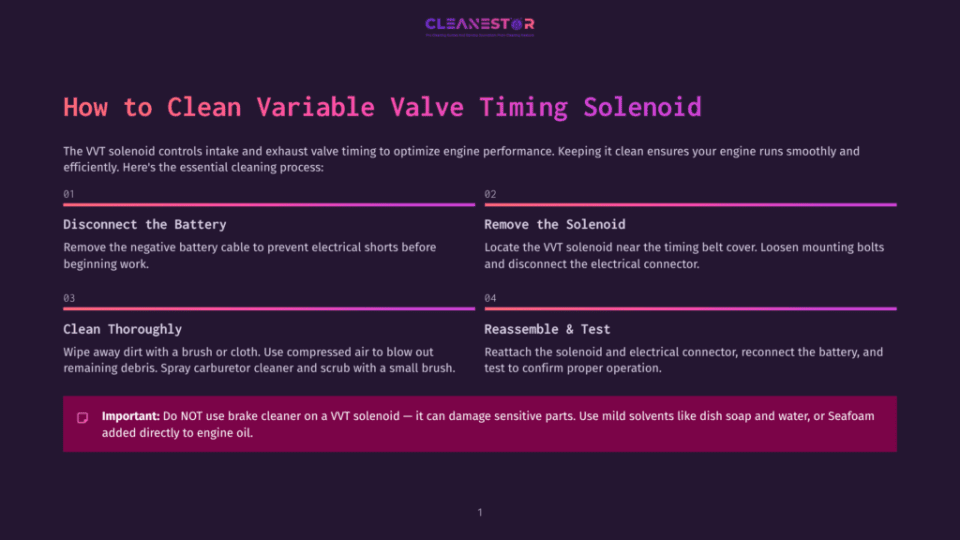 1 How To Clean Variable Valve Timing Solenoid Infographic Detailing How To Clean A Variable Valve Timing Solenoid, With Steps Like Disconnecting The Battery, Removing The Solenoid, Cleaning Thoroughly, And Reassembly. The Text &Quot;Cleanestor&Quot; Is Visible At The Top.