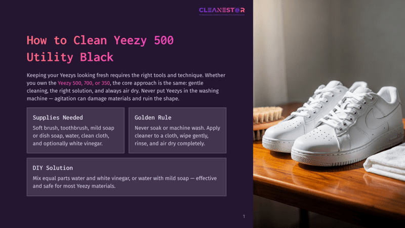 1 How To Clean Yeezy 500 Utility Black White Nike Air Force 1 Sneakers Sit On A Wooden Table Next To A Stack Of Towels And A Shoe Brush, Ready For Cleaning.