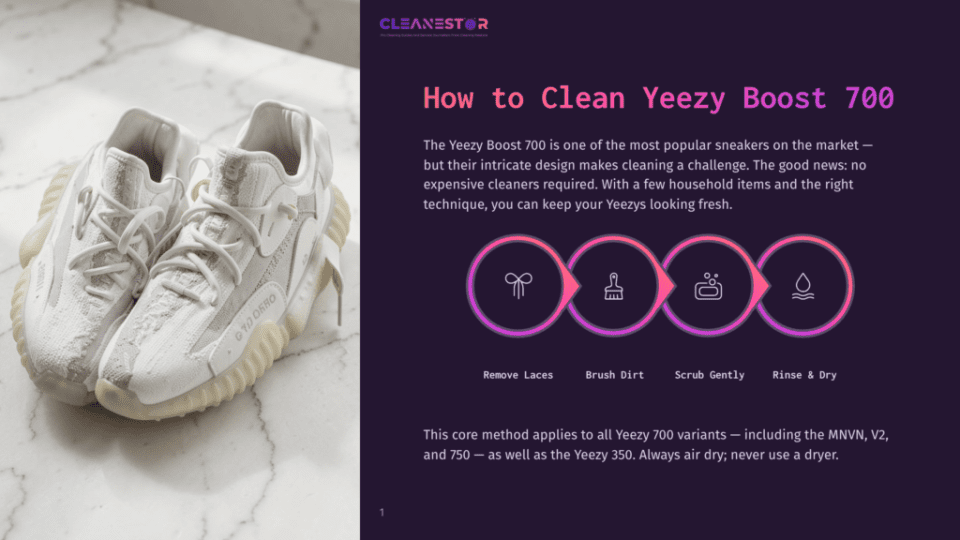 1 How To Clean Yeezy Boost 700 White Adidas Yeezy Boost 700 Sneakers Are Shown Close-Up, With The Text &Quot;How To Clean Yeezy Boost 700&Quot; And Cleaning Icons Above.