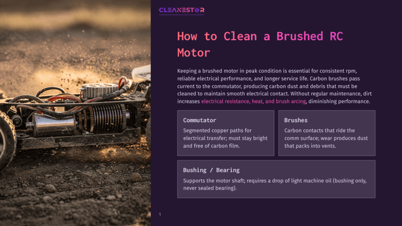 1 How To Clean A Brushed Rc Motor Close-Up Of A Brushed Rc Car Motor, With Dirt And Debris Kicked Up From A Track, Showing Intricate Internal Components Like Copper Commutator And Carbon Brushes.