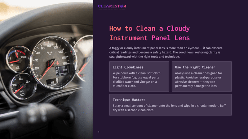 1 How To Clean A Cloudy Instrument Panel Lens Close-Up Of A Car'S Dashboard With A Cloudy Instrument Panel Lens. The Speedometer And Tachometer Are Visible, Along With A Text Overlay Reading &Quot;Cleanestor How To Clean A Cloudy Instrument Panel Lens&Quot;.
