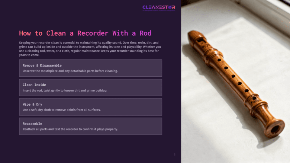 1 How To Clean A Recorder With A Rod Close-Up Of A Wooden Recorder On A White Surface, With A Window And Greenery Blurred In The Background. The Image Is Accompanied By Text About How To Clean A Recorder With A Rod.