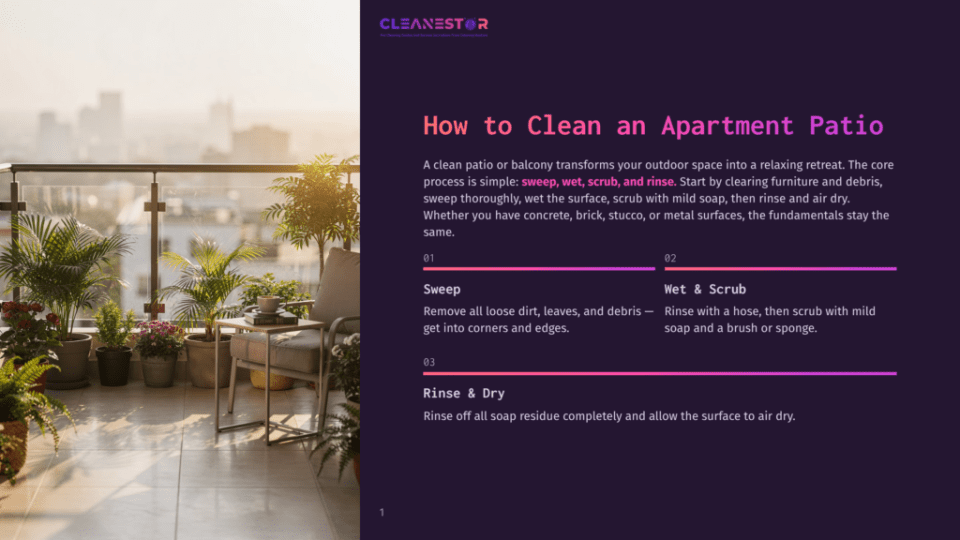 1 How To Clean An Apartment Patio A Balcony Patio With Potted Plants And Patio Furniture On A Sunny Day, With Text Overlay &Quot;How To Clean An Apartment Patio&Quot;.