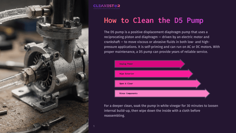 1 How To Clean The D5 Pump Close-Up Of A D5 Pump With Clear Hoses Attached, Showing Its Industrial Metal Construction. Text Overlay Reads &Quot;How To Clean The D5 Pump&Quot; With Cleaning Steps.