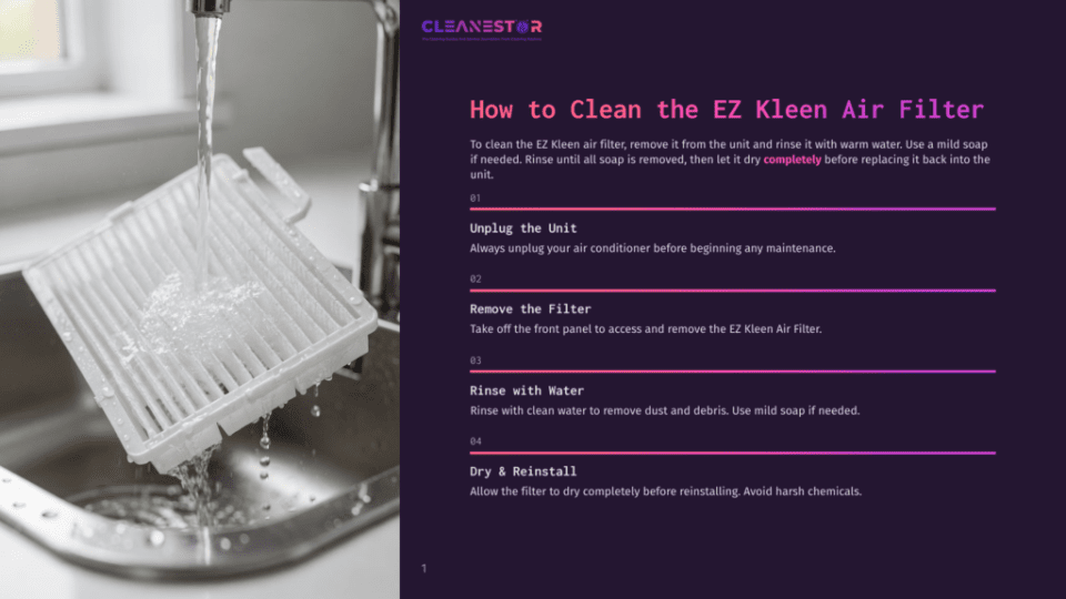 A White Air Filter Is Being Rinsed Under A Stream Of Water In A Kitchen Sink, With Instructions On How To Clean An Ez Kleen Air Filter Visible On The Right.
