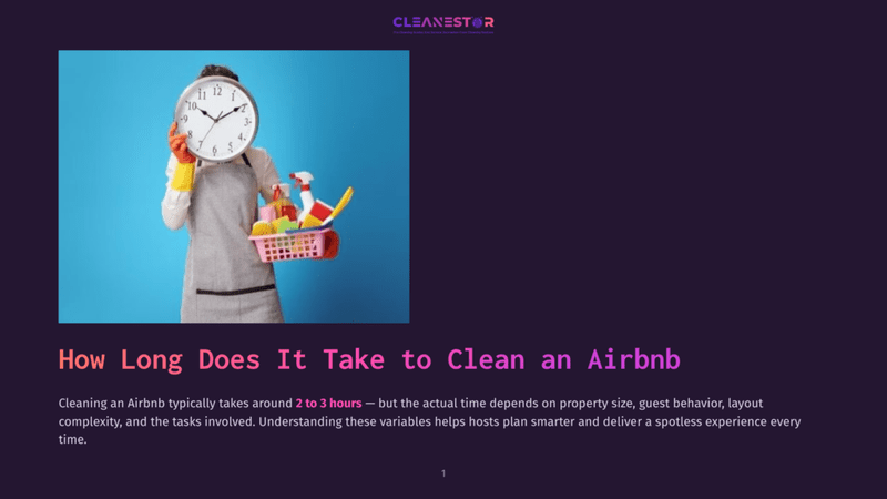 1 How Long Does It Take To Clean An Airbnb A Person In An Apron And Yellow Gloves Holds Cleaning Supplies And A Basket, Standing In Front Of A Clock Showing 11:12. The Image Is Set Against A Bright Blue Background.