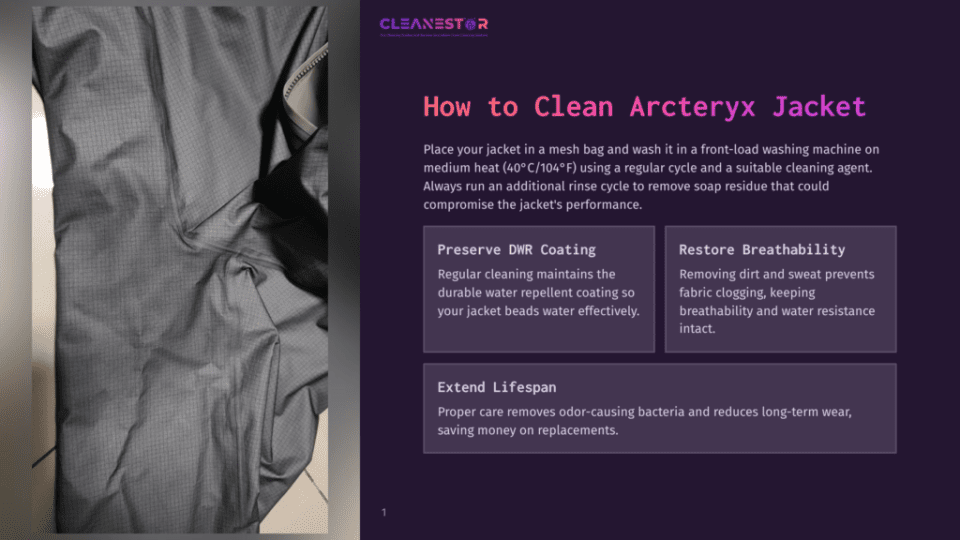 1 How To Clean Arcteryx Jacket Close-Up Of A Gray Arc'Teryx Jacket With A Subtle Grid Pattern, Showing Detailed Fabric Texture And A Zipper.