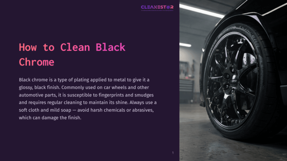 1 How To Clean Black Chrome Close-Up Of A Shiny Black Chrome Wheel On A Black Car, Showcasing Its Glossy Finish And Intricate Design. The Text &Quot;How To Clean Black Chrome&Quot; Is Visible On The Left.