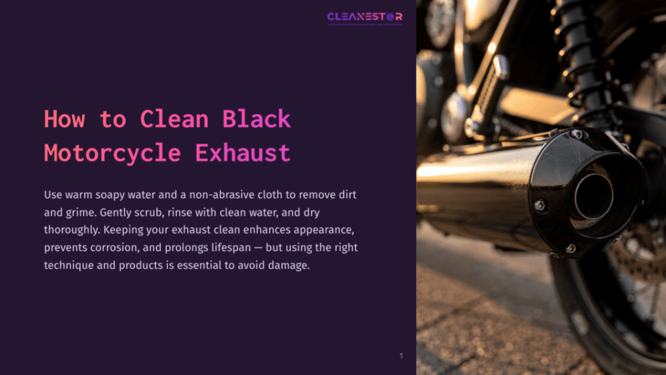 1 How To Clean Black Motorcycle Exhaust Close-Up Of A Black Motorcycle Exhaust Pipe, Showing Intricate Details And A Brushed Metal Finish, Bathed In Warm Sunlight.
