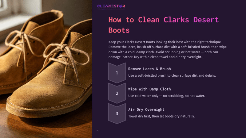 1 How To Clean Clarks Desert Boots Close-Up Of Two Tan Suede Clarks Desert Boots, With Laces Tied Loosely, Resting On A Wooden Surface. The Image Is Part Of A Guide Titled &Quot;How To Clean Clarks Desert Boots.