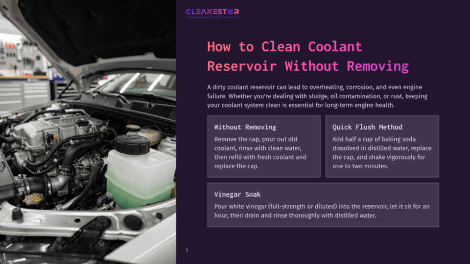 1 How To Clean Coolant Reservoir Without Removing An Image Showing A Car Engine With Its Hood Open, Revealing The Coolant Reservoir. A Green Bottle Of Vinegar Is Being Poured Into The Reservoir, Next To A Caption That Reads &Quot;How To Clean Coolant Reservoir Without Removing.