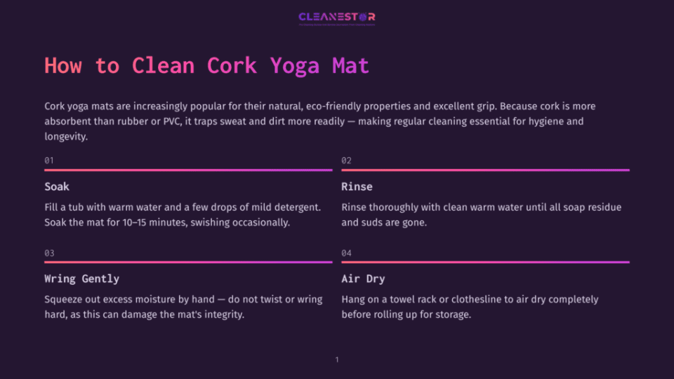 Instruction Steps For Cleaning A Cork Yoga Mat, Displaying A Detailed Process With Step Numbers And Descriptions, Including Soaking, Rinsing, Wringing Gently, And Air Drying, All Set Against A Dark Background With A Minimalist Design.