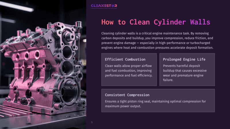 1 How To Clean Cylinder Walls Close-Up Of A Clean, Silver Engine Block With Intricate Details, Illuminated By Purple Light. Text Overlay Reads &Quot;Cleanestor&Quot; And &Quot;How To Clean Cylinder Walls&Quot;.