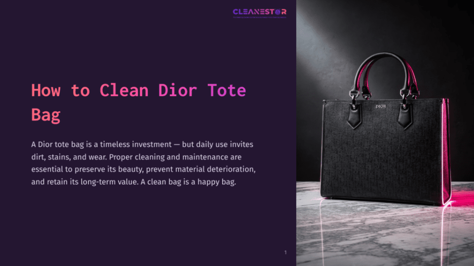 1 How To Clean Dior Tote Bag A Black Dior Tote Bag With An All-Over Monogram Pattern Sits On A Marble Surface, Illuminated By Pink Neon Light. The Text &Quot;How To Clean Dior Tote Bag&Quot; Is Visible On The Left.