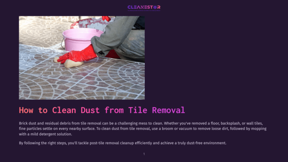 1 How To Clean Dust From Tile Removal A Person In Red Gloves Cleans A Tiled Floor With A Sponge And A Pink Bucket, Removing Brick Dust And Tile Debris After Renovation.