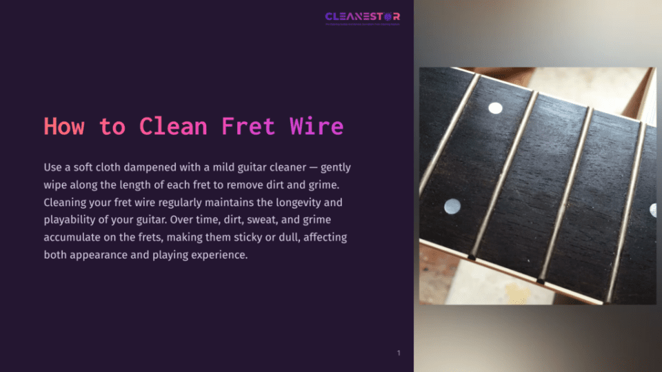 1 How To Clean Fret Wire Close-Up Of Guitar Fret Wires With A Soft Cloth And Cleaner Nearby, Demonstrating How To Clean The Fret Wire For Guitar Maintenance.