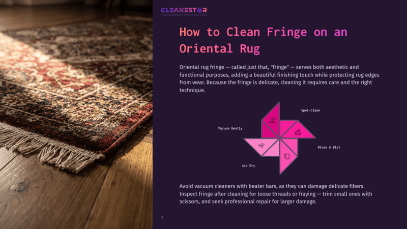 1 How To Clean Fringe On An Oriental Rug Close-Up Of The Tasseled Fringe Of A Vintage Oriental Rug On A Wooden Floor, Bathed In Warm Sunlight, With Text &Quot;How To Clean Fringe On An Oriental Rug&Quot; Overlayed.