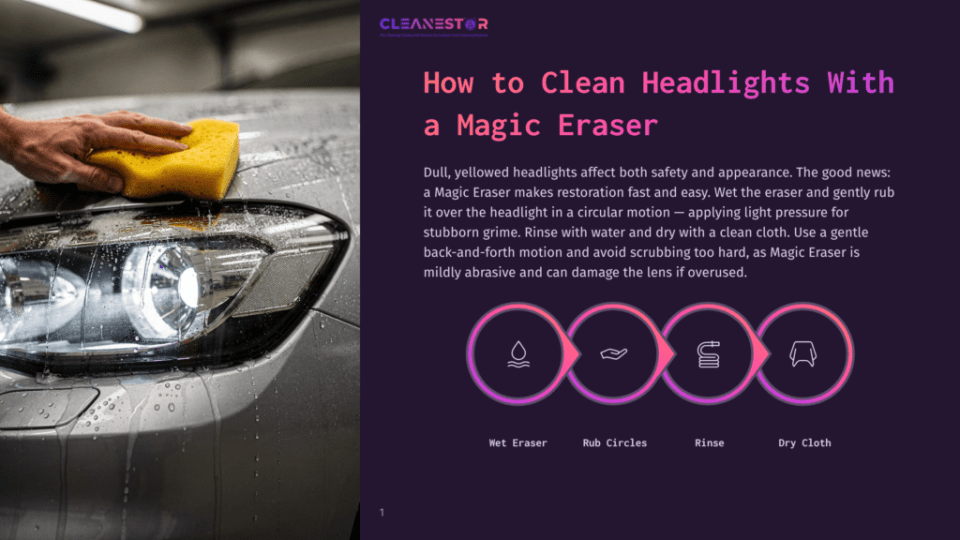 1 How To Clean Headlights With A Magic Eraser Close-Up Of A Hand Using A Yellow Magic Eraser Sponge To Clean A Dull, Yellowed Car Headlight With Water And Suds, Demonstrating How To Clean Headlights.