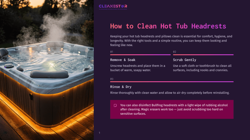 1 How To Clean Hot Tub Headrests A Steamy, Illuminated Hot Tub At Dusk, With A &Quot;Cleanestor&Quot; Logo And Text Detailing How To Clean Hot Tub Headrests.