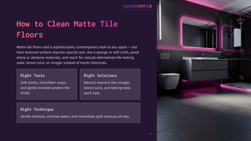 1 How To Clean Matte Tile Floors Modern Bathroom With Matte Black Tile Floors, A Sleek Toilet, And A Vanity With A Large Mirror Illuminated By Pink Led Lighting. The Text &Quot;How To Clean Matte Tile Floors&Quot; Is Overlaid.