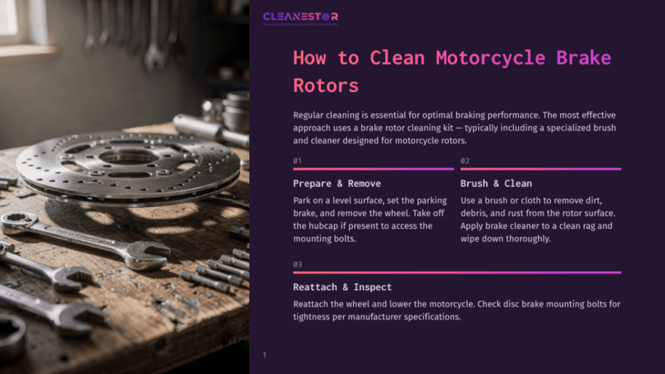 Close-Up Of A Motorcycle Brake Rotor And Mechanic'S Tools, Including Wrenches, On A Wooden Workbench. The Image Is Part Of A Guide On How To Clean Motorcycle Rotors.
