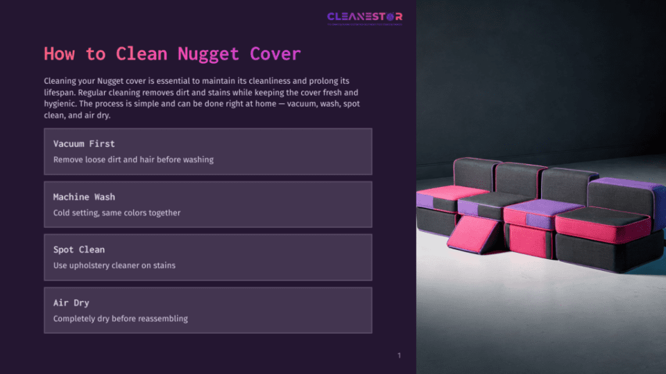 1 How To Clean Nugget Cover Cleanestor Nugget Cover Cleaning Instructions: Vacuum First, Machine Wash Cold, Spot Clean With Upholstery Cleaner, And Air Dry Completely Before Reassembling. The Image Shows Modern Modular Furniture In Pink And Purple.