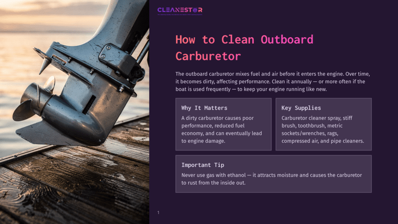 1 How To Clean Outboard Carburetor Close-Up Of A Boat Motor'S Lower Unit And Propeller On A Wooden Dock, With Calm Water In The Background. The Cleanestor Logo Is Visible At The Top.