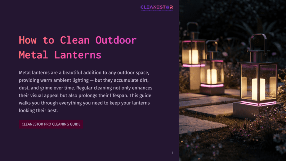 1 How To Clean Outdoor Metal Lanterns 1 Three Modern Outdoor Metal Lanterns With Glowing Pink And White Light On A Stone Pathway Surrounded By Dark Foliage At Dusk.
