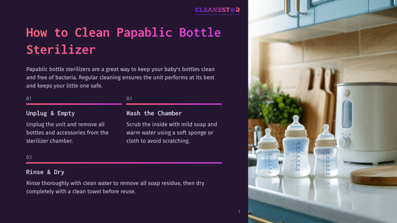 1 How To Clean Papablic Bottle Sterilizer 1 A White Baby Bottle Sterilizer Sits On A Kitchen Counter Next To Several Baby Bottles. The Sterilizer Has A Beige Lid And A White Base. The Baby Bottles Are Clear And Have Blue And White Caps. The Kitchen Counter Is White And The Backsplash Is A Light Blue.