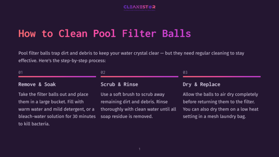 1 How To Clean Pool Filter Balls Infographic Titled &Quot;How To Clean Pool Filter Balls&Quot; With Three Steps: Remove &Amp; Soak, Scrub &Amp; Rinse, And Dry &Amp; Replace. The Background Is A Dark Purple Gradient.