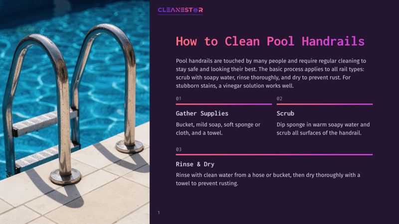 1 How To Clean Pool Handrails Shiny Stainless Steel Pool Handrails Curve Out Of Clear Blue Water, With A White Tiled Pool Deck In The Foreground. Text On The Right Side Of The Image Reads &Quot;How To Clean Pool Handrails.