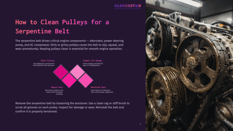 1 How To Clean Pulleys For A Serpentine Belt An Instructional Graphic On How To Clean Pulleys For A Serpentine Belt With A Close-Up Of Dirty Pulleys, A Rag, And A Brush, With A Detailed Diagram Showing Steps To Clean And Inspect Pulleys.