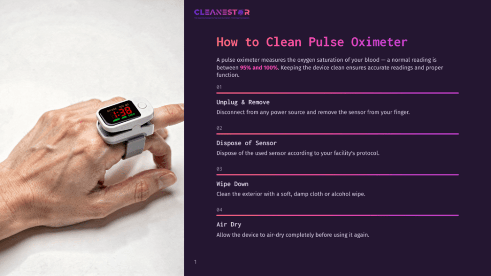 1 How To Clean Pulse Oximeter A Close-Up Shot Shows A Pulse Oximeter Device Clipped Onto A Person'S Finger, Displaying A Reading Of &Quot;Spo2 98%&Quot;. The Device Is White And Gray, With A Strap Securing It To The Finger. The Background Is Dark And Out Of Focus.