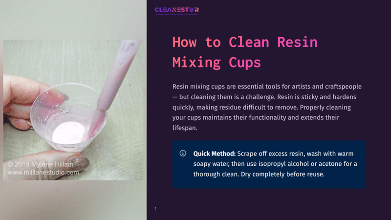 1 How To Clean Resin Mixing Cups Close-Up Of A Hand Holding A Clear Resin Mixing Cup, Stirring Pink Resin With A Pink Stirring Stick. Text Overlay Reads &Quot;Cleanestor&Quot; And &Quot;How To Clean Resin Mixing Cups&Quot;.