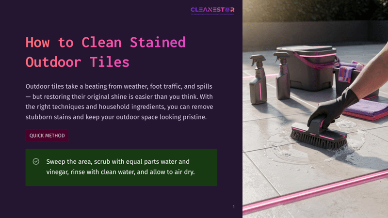 1 How To Clean Stained Outdoor Tiles Person Scrubbing Outdoor Tiles With A Brush, Surrounded By Cleaning Supplies Like A Bucket, A Bottle, And A Towel, With A Pink And White Border At The Bottom.