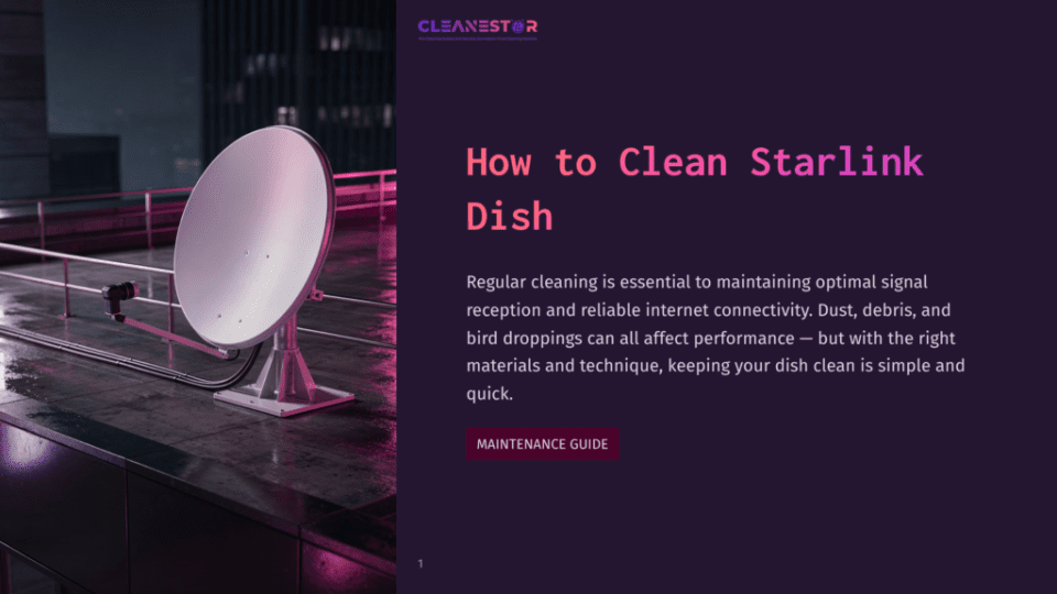 1 How To Clean Starlink Dish A White Starlink Satellite Dish Antenna Sits On A Dark, Wet Rooftop At Night, With A Blurry City Skyline And Lights In The Background. The Text &Quot;How To Clean Starlink Dish&Quot; And &Quot;Maintenance Guide&Quot; Are Visible.