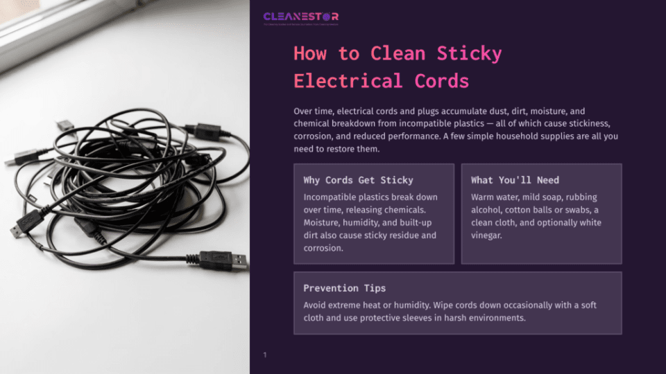 1 How To Clean Sticky Electrical Cords A Tangled Pile Of Black Usb Charging Cables And Power Cords Sits On A White Windowsill, With A Portion Of A Window Frame In The Upper Left Corner. The Text &Quot;Cleanestor&Quot; Is Visible In The Upper Right Corner.