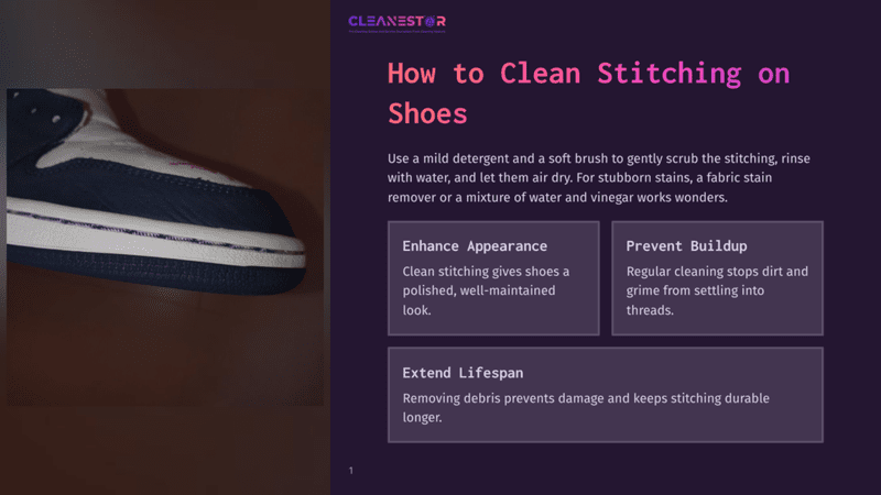1 How To Clean Stitching On Shoes Close-Up Of A White And Navy Blue Sneaker With Orange Accents, Showing Detailed Stitching. Text Overlay Reads &Quot;Cleanestor&Quot; And &Quot;How To Clean Stitching On Shoes&Quot;.