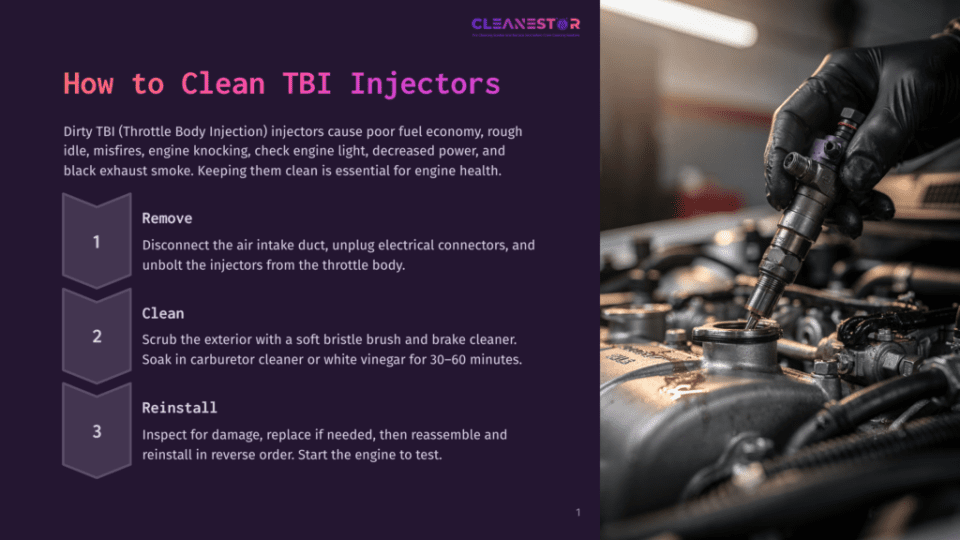 1 How To Clean Tbi Injectors Close-Up Of A Mechanic'S Gloved Hands Cleaning A Fuel Injector, With The Text &Quot;How To Clean Tbi Injectors&Quot; Visible.