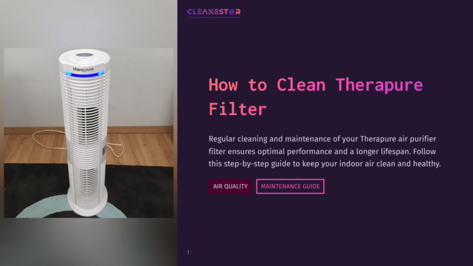 A Tall, White Thermapure Air Purifier With A Blue Light On Top Stands On A Dark Rug Next To A Wooden Floor. The Image Is Part Of A Guide Titled &Quot;How To Clean Thermapure Filter.