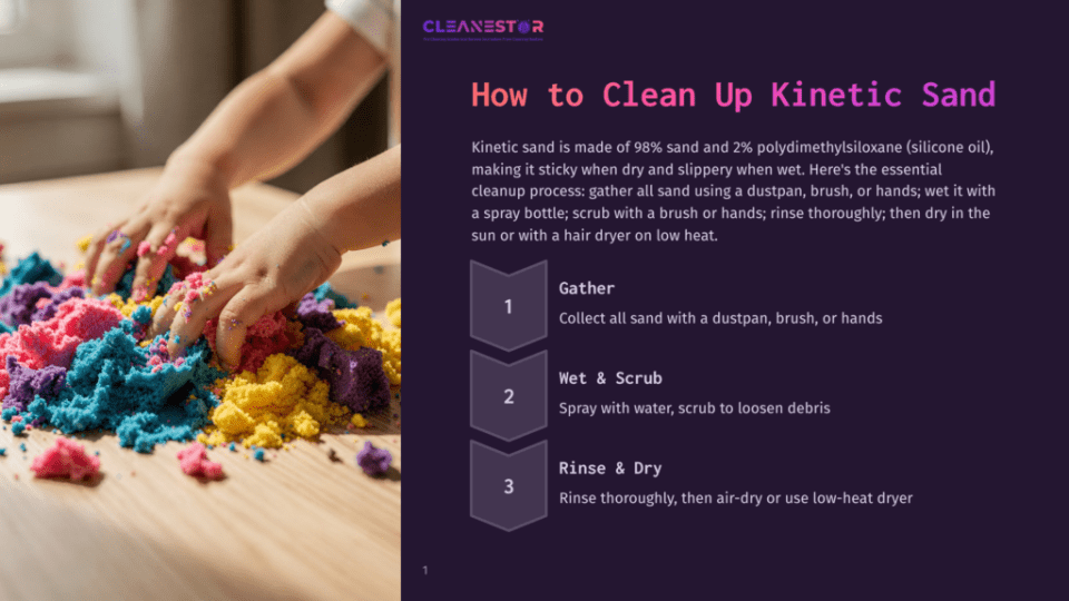 1 How To Clean Up Kinetic Sand A Child Plays With Vibrant, Multicolored Kinetic Sand On A Wooden Table, Demonstrating The Steps To Clean It: Gather, Wet And Scrub, And Rinse And Dry.