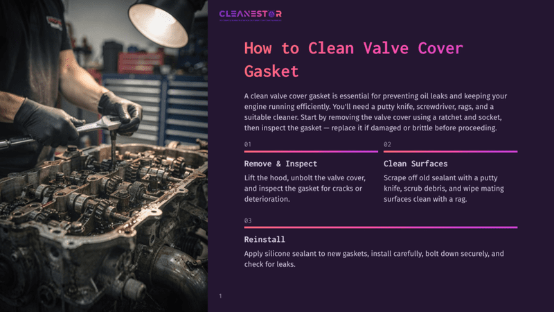1 How To Clean Valve Cover Gasket A Person Wearing Gloves And A Black Shirt Works On A Car Engine, Holding A Tool, With A Large Engine Block In The Foreground And A Bright Light Illuminating The Scene.