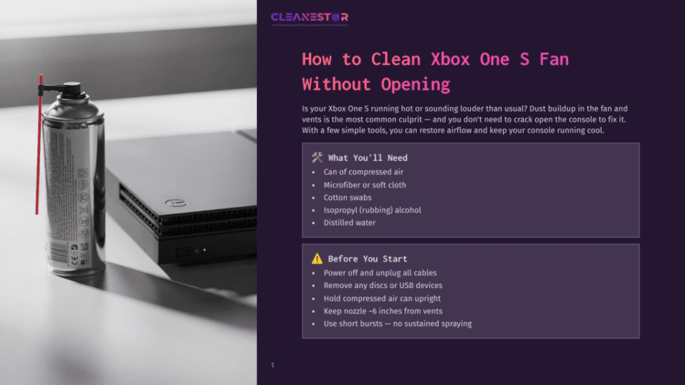 1 How To Clean Xbox One S Fan Without Opening A Can Of Compressed Air Sprays Into The Rear Vent Of A Black Xbox One S Console, With Text Overlaying The Image Detailing How To Clean The Console Without Opening It.