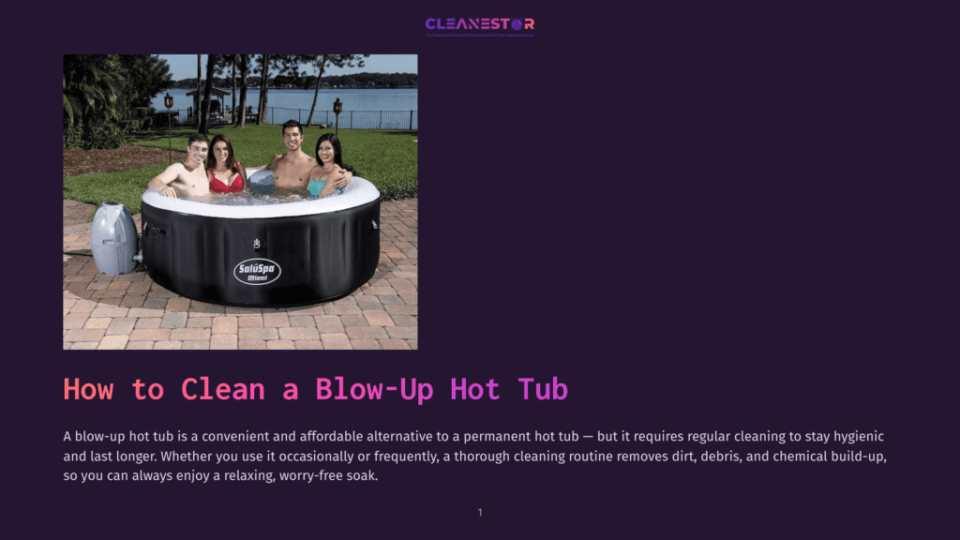 1 How To Clean A Blow Up Hot Tub Four Smiling People Relax In A Black Inflatable Saluspa Hot Tub On A Brick Patio, With A Lake And Trees In The Background.